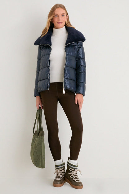 Blue Navy Nylon Ultralight Short Jacket with Faux Fur Collar