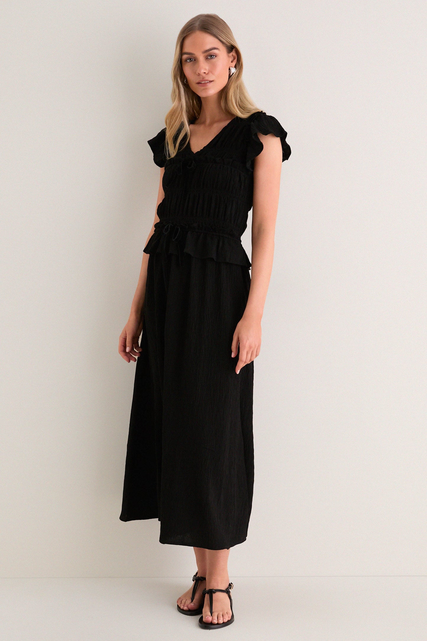 Black Flutter Sleeve Midi Dress