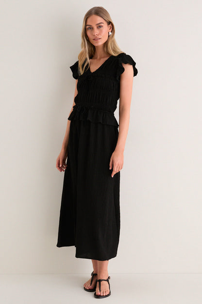 Black Flutter Sleeve Midi Dress