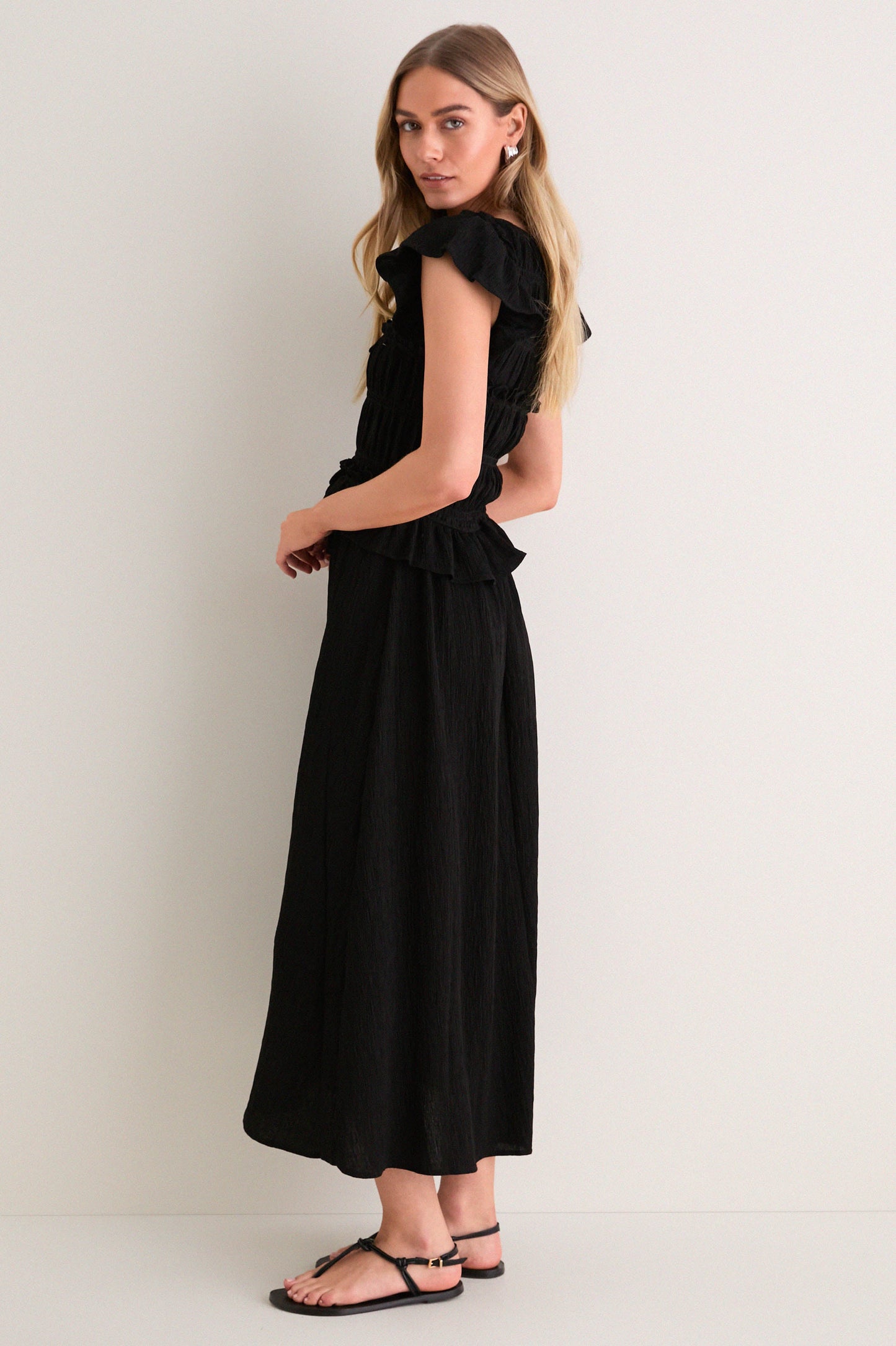 Black Flutter Sleeve Midi Dress