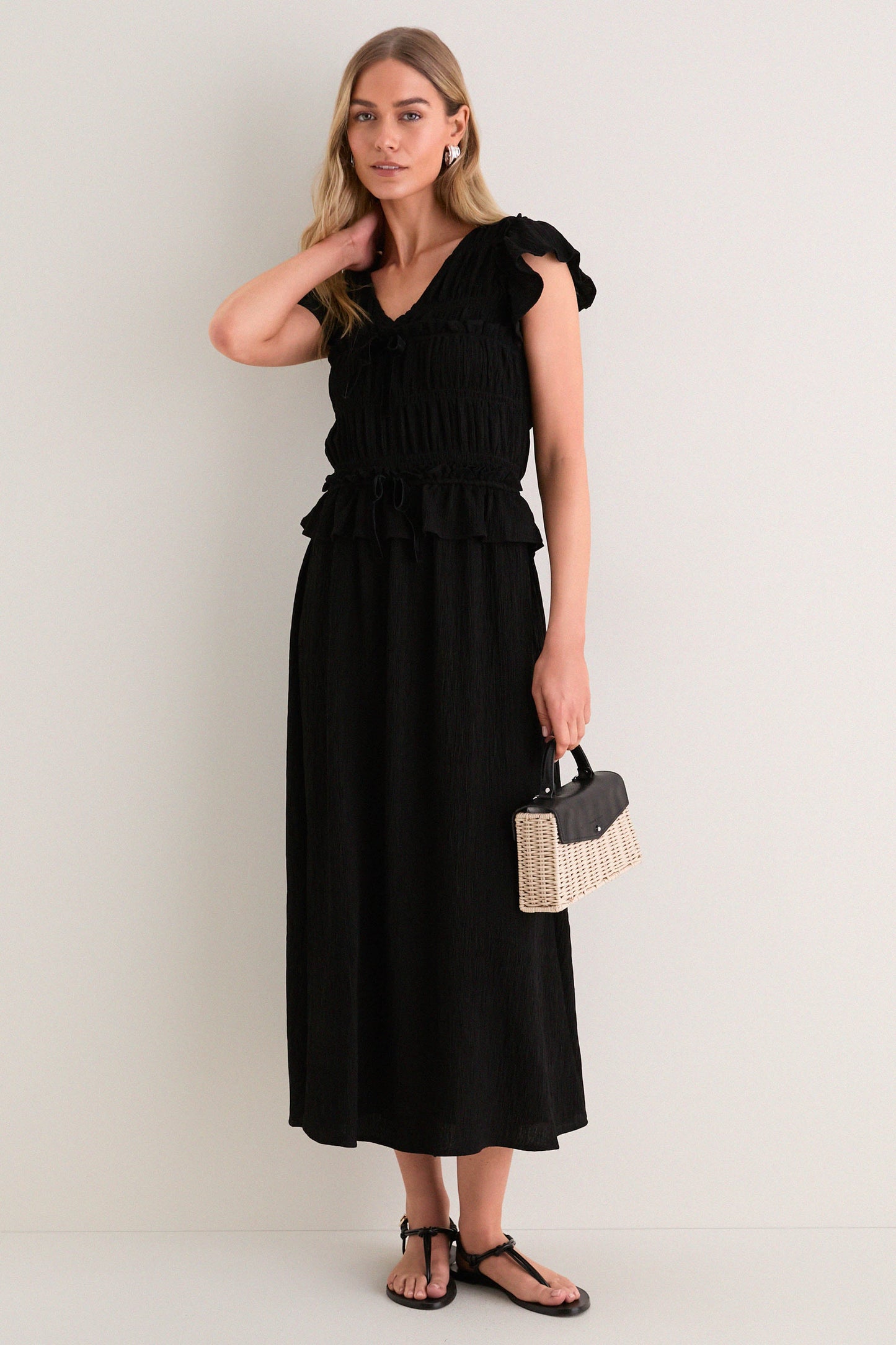 Black Flutter Sleeve Midi Dress