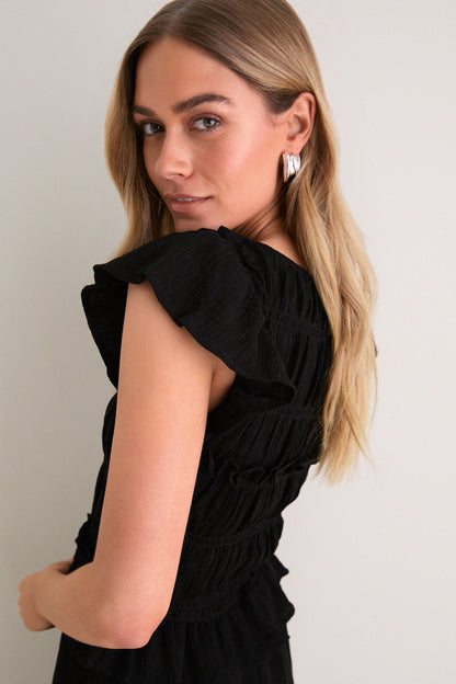 Black Flutter Sleeve Midi Dress