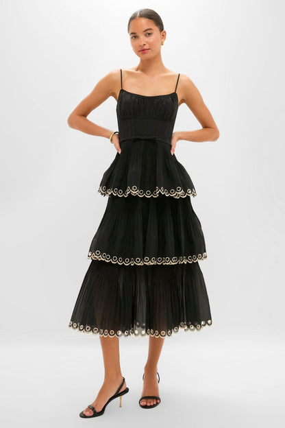 Black Embroidered Tiered Midi Dress