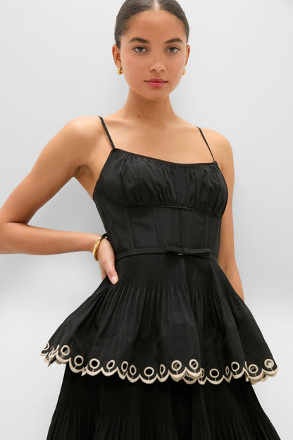 Black Embroidered Tiered Midi Dress