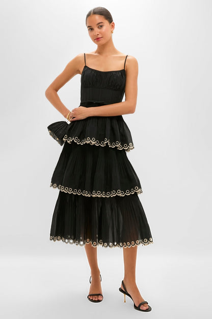 Black Embroidered Tiered Midi Dress