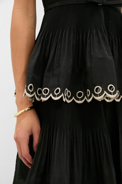 Black Embroidered Tiered Midi Dress