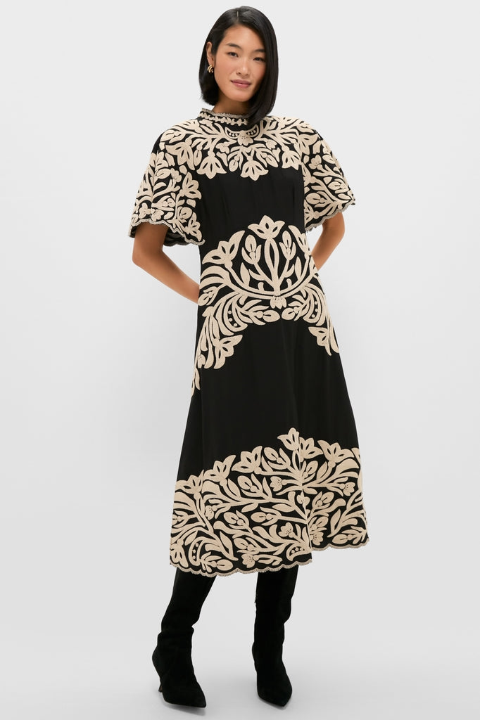 Black Alexandra Embroidery Short Sleeve Midi Dress