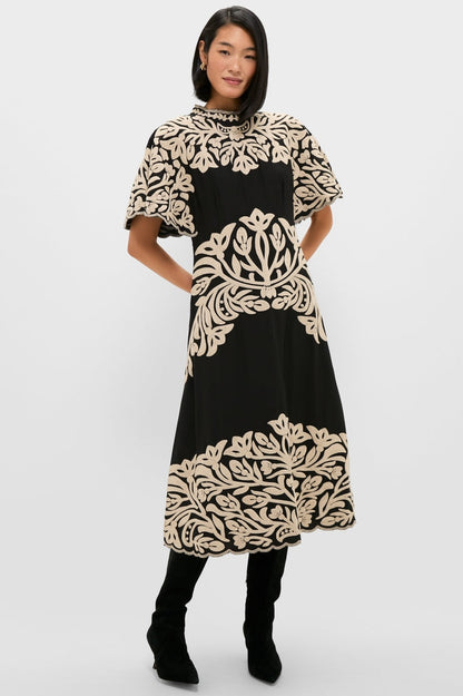 Black Alexandra Embroidery Short Sleeve Midi Dress
