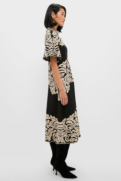 Black Alexandra Embroidery Short Sleeve Midi Dress