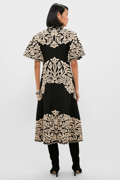 Black Alexandra Embroidery Short Sleeve Midi Dress