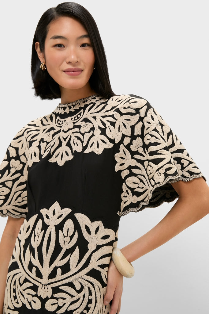 Black Alexandra Embroidery Short Sleeve Midi Dress
