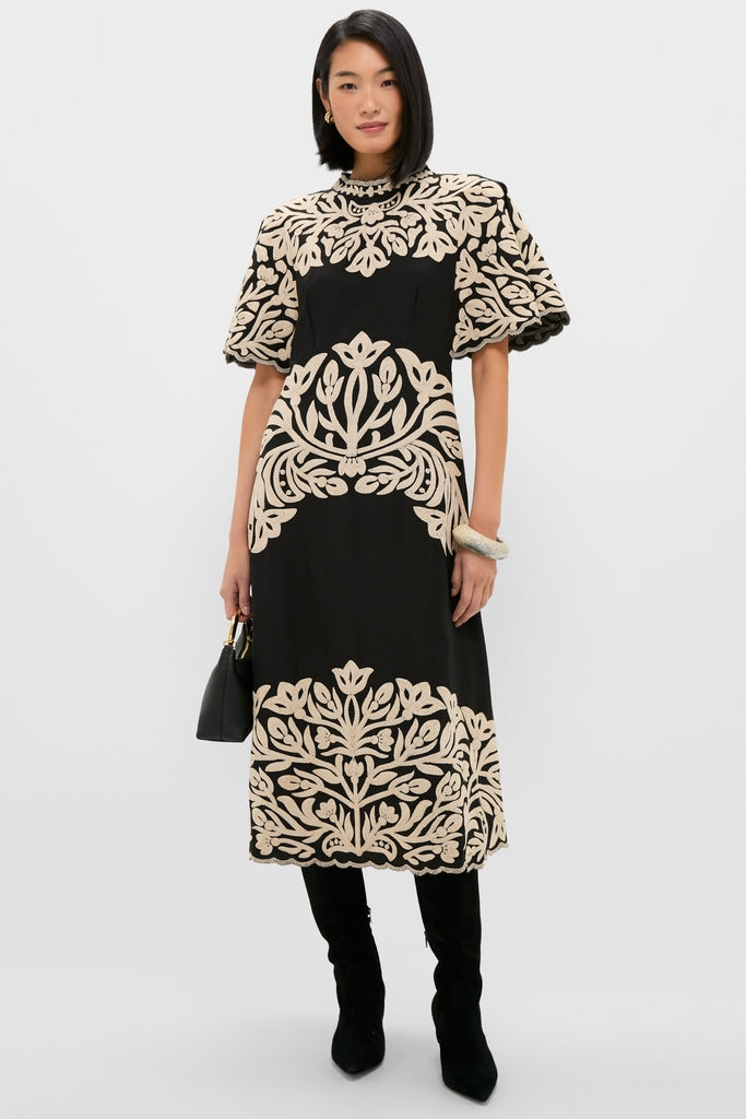 Black Alexandra Embroidery Short Sleeve Midi Dress