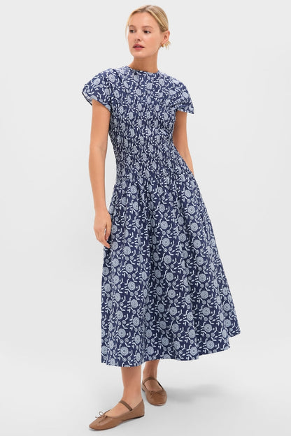 Blue Floral Smocked Rollins Midi Dress