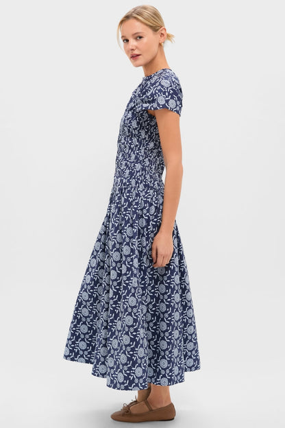 Blue Floral Smocked Rollins Midi Dress