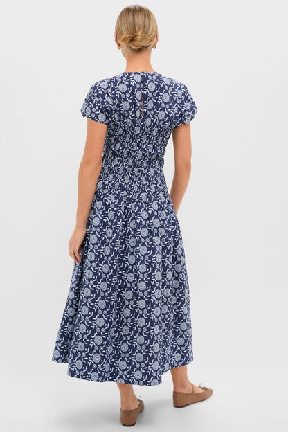 Blue Floral Smocked Rollins Midi Dress