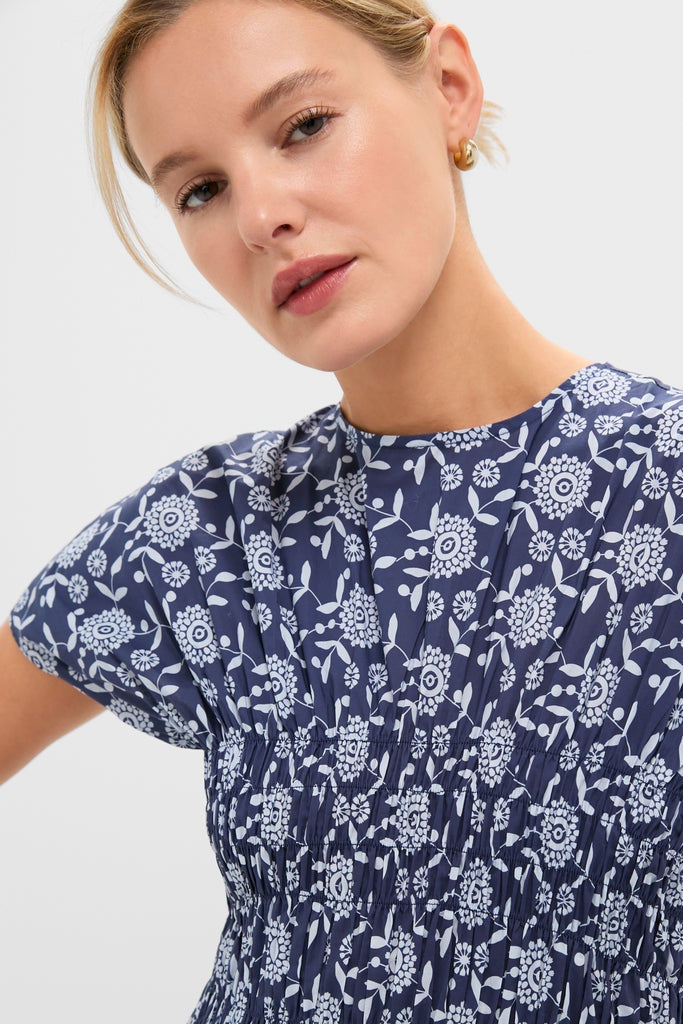 Blue Floral Smocked Rollins Midi Dress