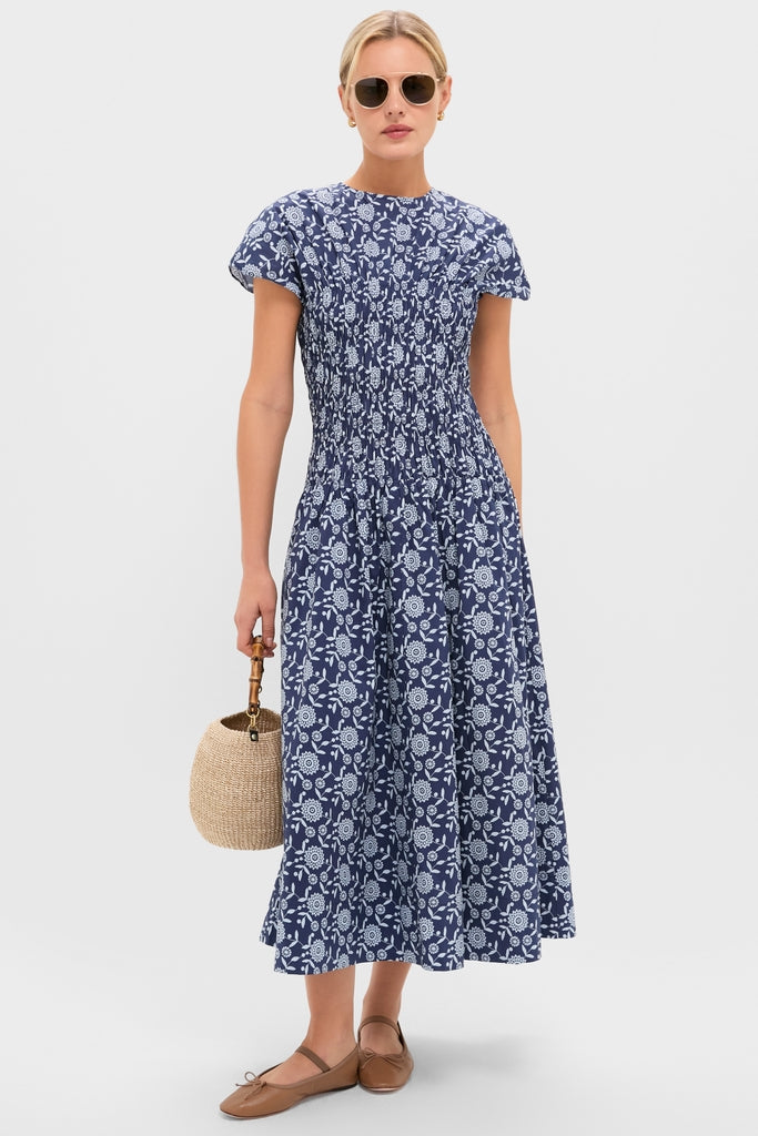 Blue Floral Smocked Rollins Midi Dress