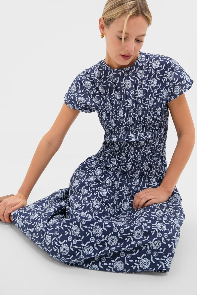 Blue Floral Smocked Rollins Midi Dress