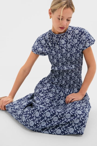 Blue Floral Smocked Rollins Midi Dress