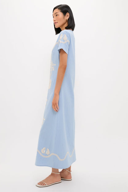 Blue Seersucker Embroidered James Dress