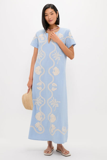 Blue Seersucker Embroidered James Dress