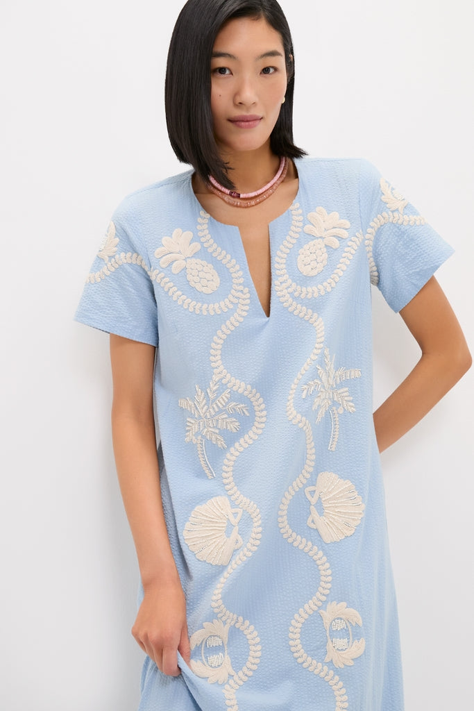 Blue Seersucker Embroidered James Dress
