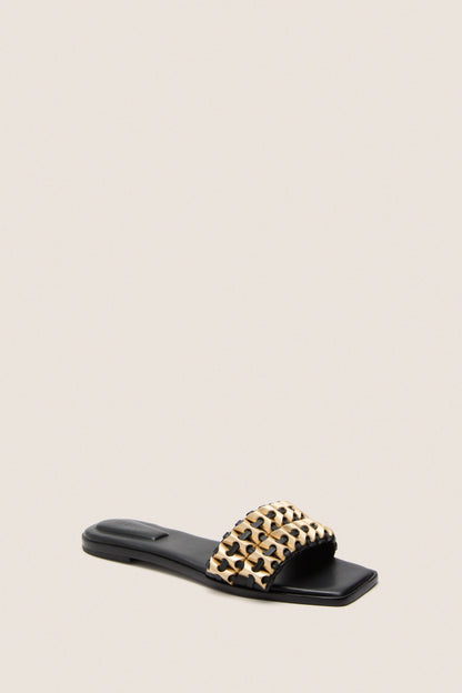 Black Faye Beaded Leather Flat Slides