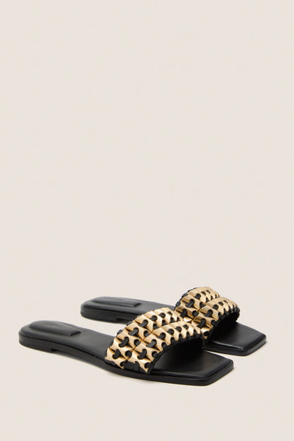 Black Faye Beaded Leather Flat Slides