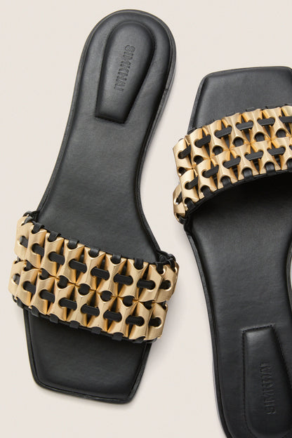 Black Faye Beaded Leather Flat Slides