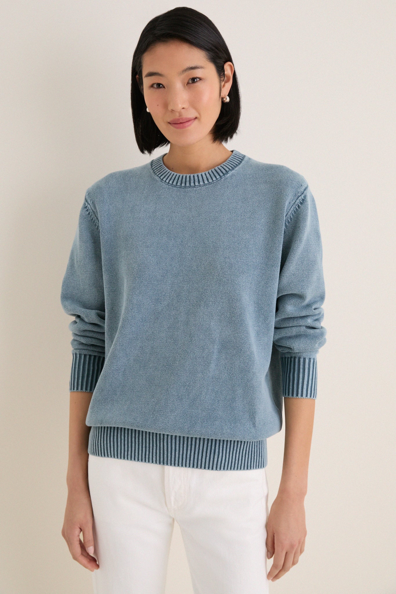 Blue Indigo Stone Washed Cotton Anne Crewneck Sweater