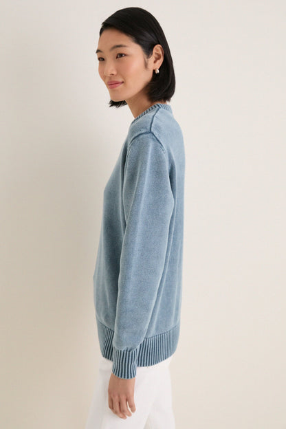 Blue Indigo Stone Washed Cotton Anne Crewneck Sweater