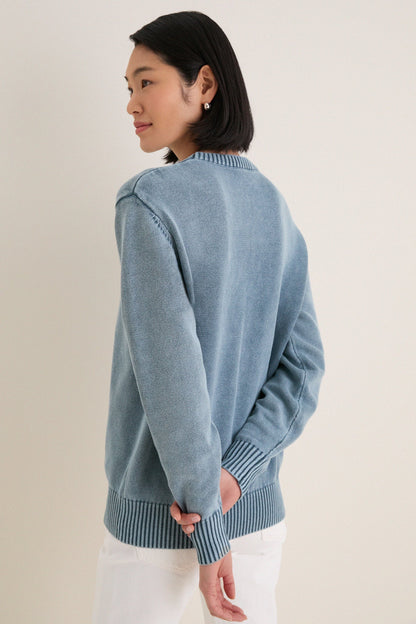 Blue Indigo Stone Washed Cotton Anne Crewneck Sweater