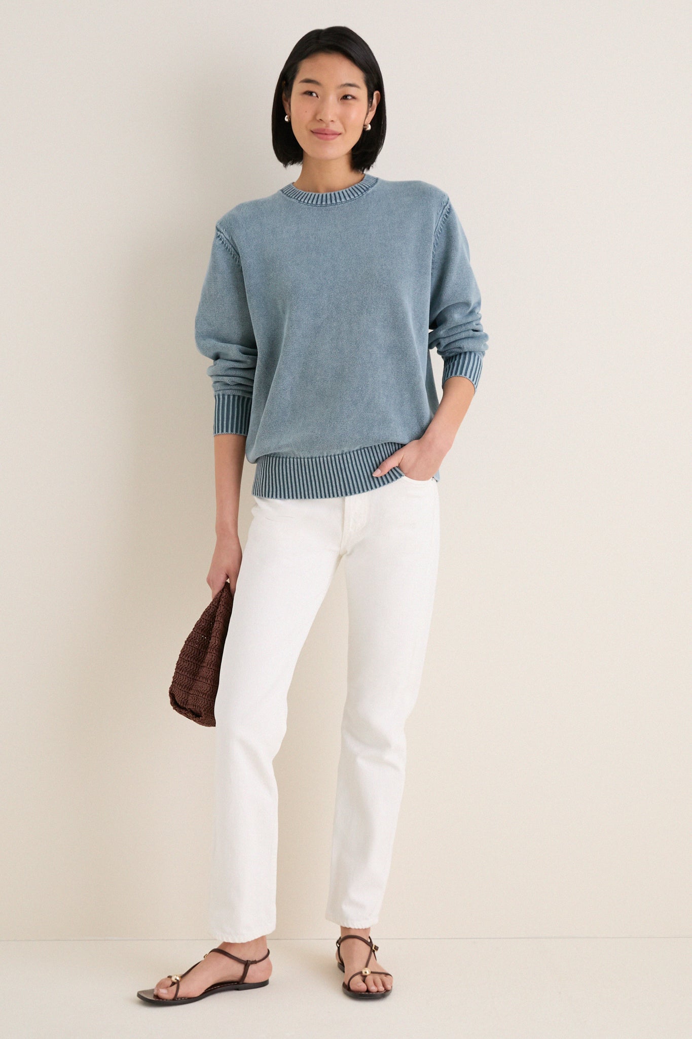 Blue Indigo Stone Washed Cotton Anne Crewneck Sweater