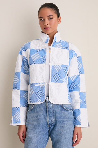 Blue and White Quilted Cropped Townley Jacket