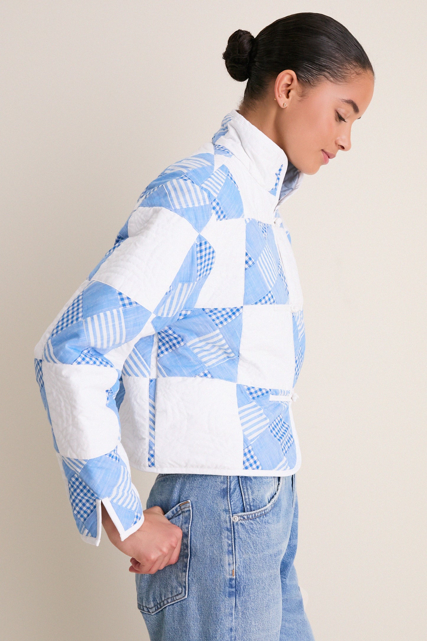 Blue and White Quilted Cropped Townley Jacket