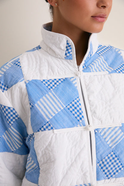 Blue and White Quilted Cropped Townley Jacket
