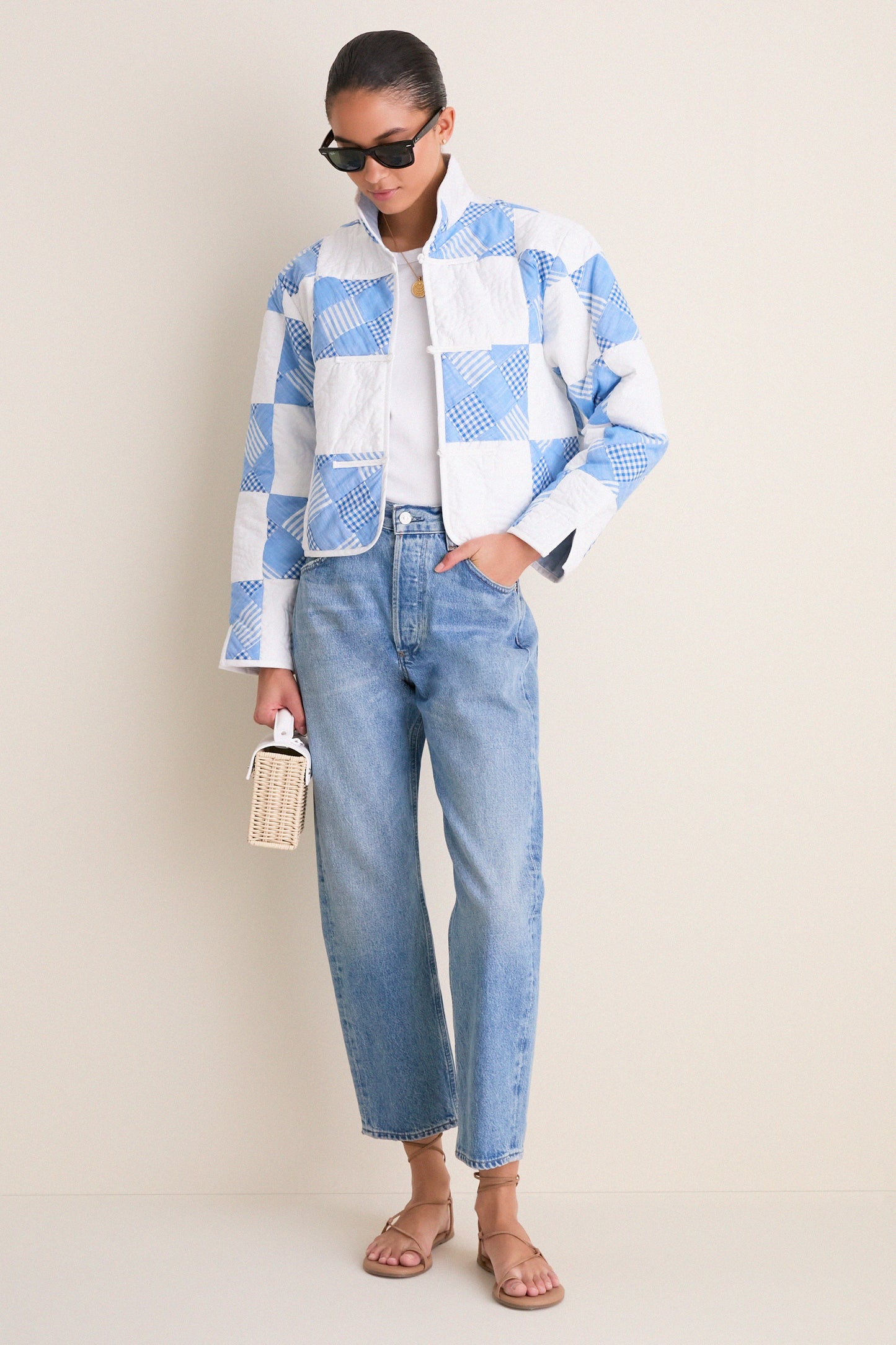 Blue and White Quilted Cropped Townley Jacket