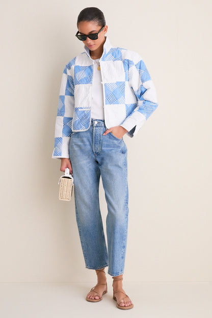 Blue and White Quilted Cropped Townley Jacket