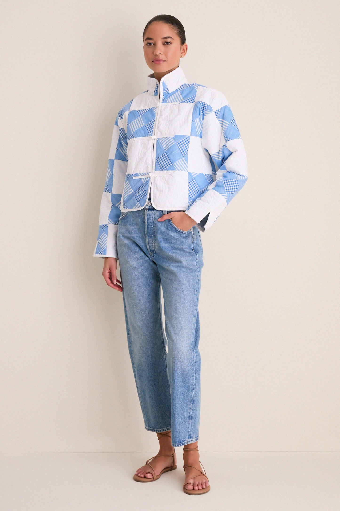 Blue and White Quilted Cropped Townley Jacket