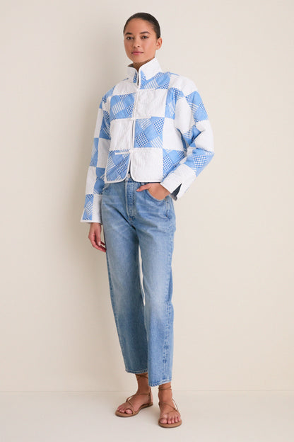 Blue and White Quilted Cropped Townley Jacket