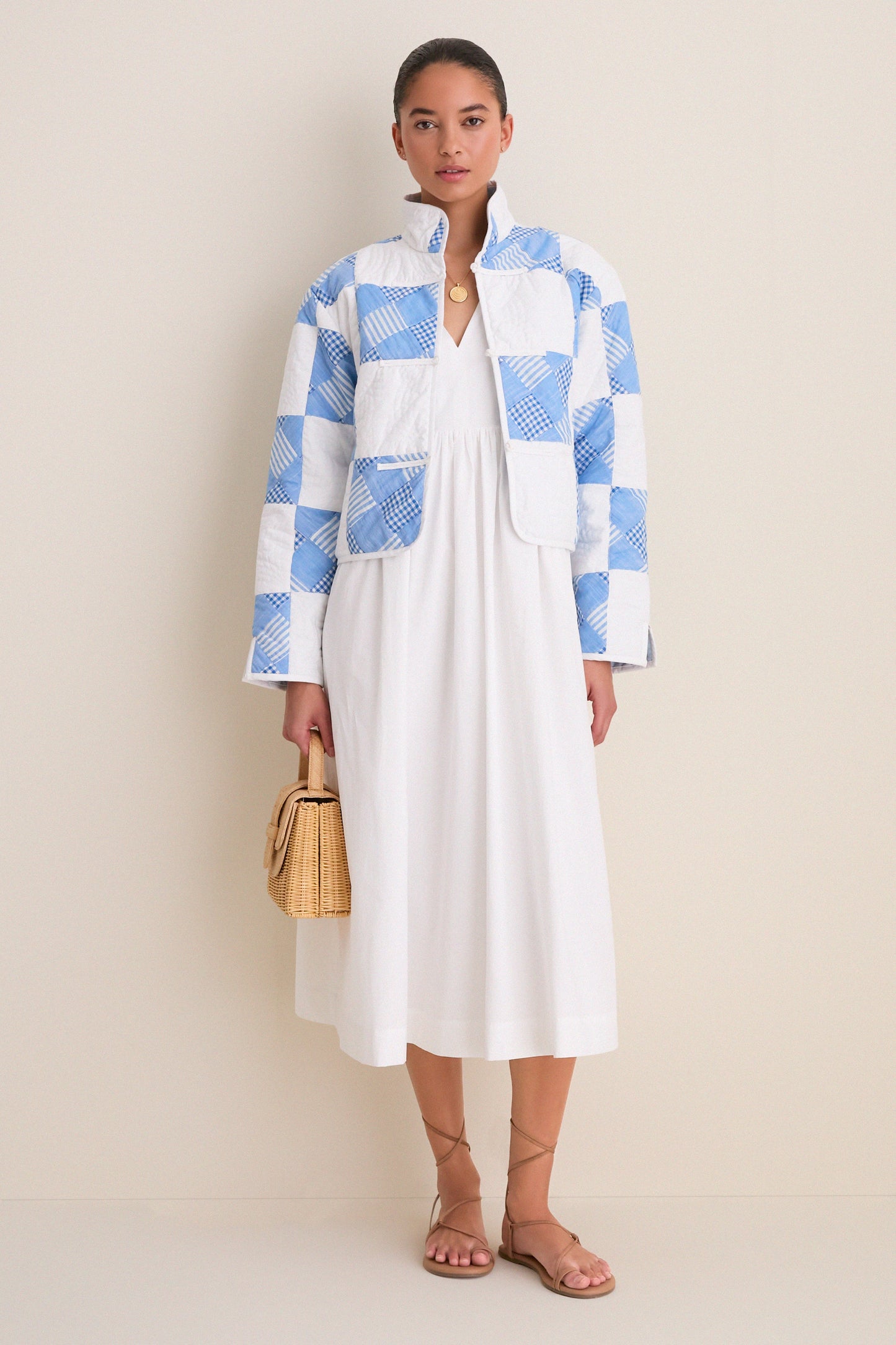 Blue and White Quilted Cropped Townley Jacket