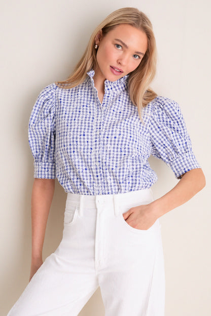 Blue Embroidered Gingham Louisa Blouse