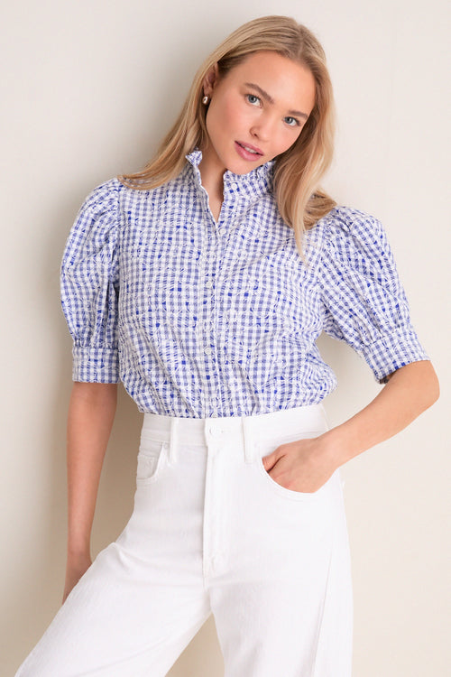 Blue Embroidered Gingham Louisa Blouse