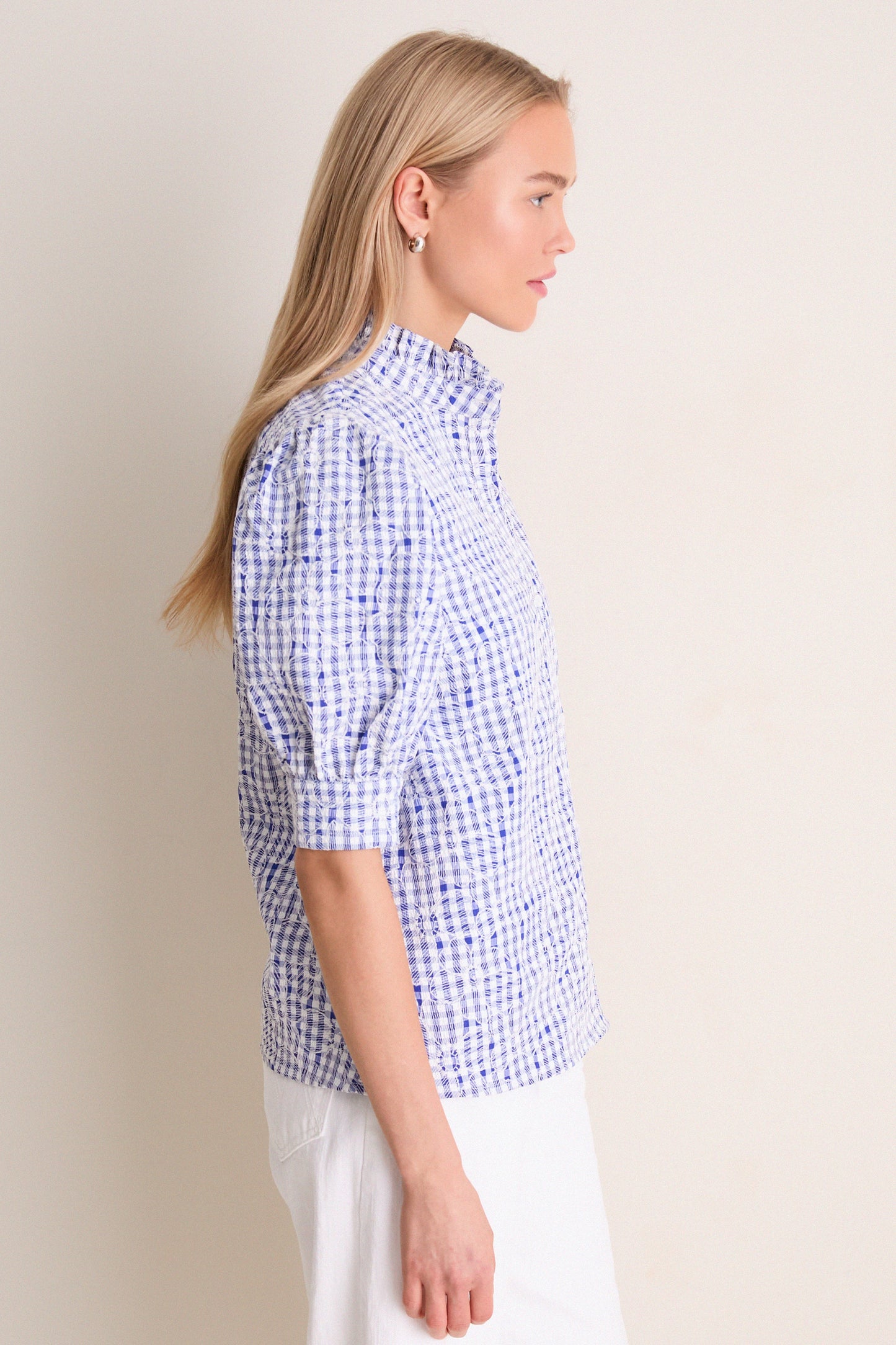 Blue Embroidered Gingham Louisa Blouse