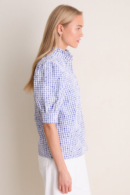 Blue Embroidered Gingham Louisa Blouse