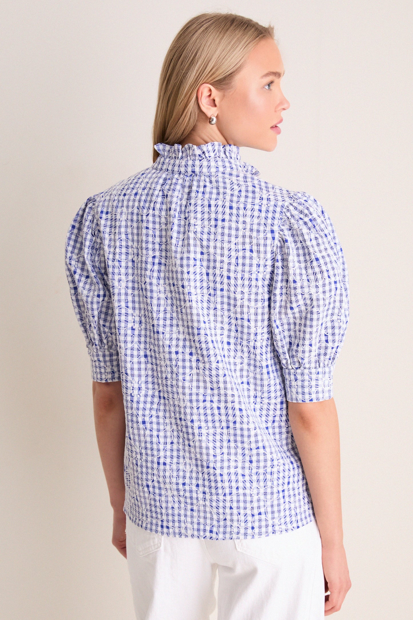 Blue Embroidered Gingham Louisa Blouse