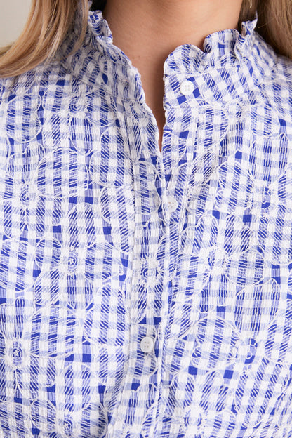 Blue Embroidered Gingham Louisa Blouse