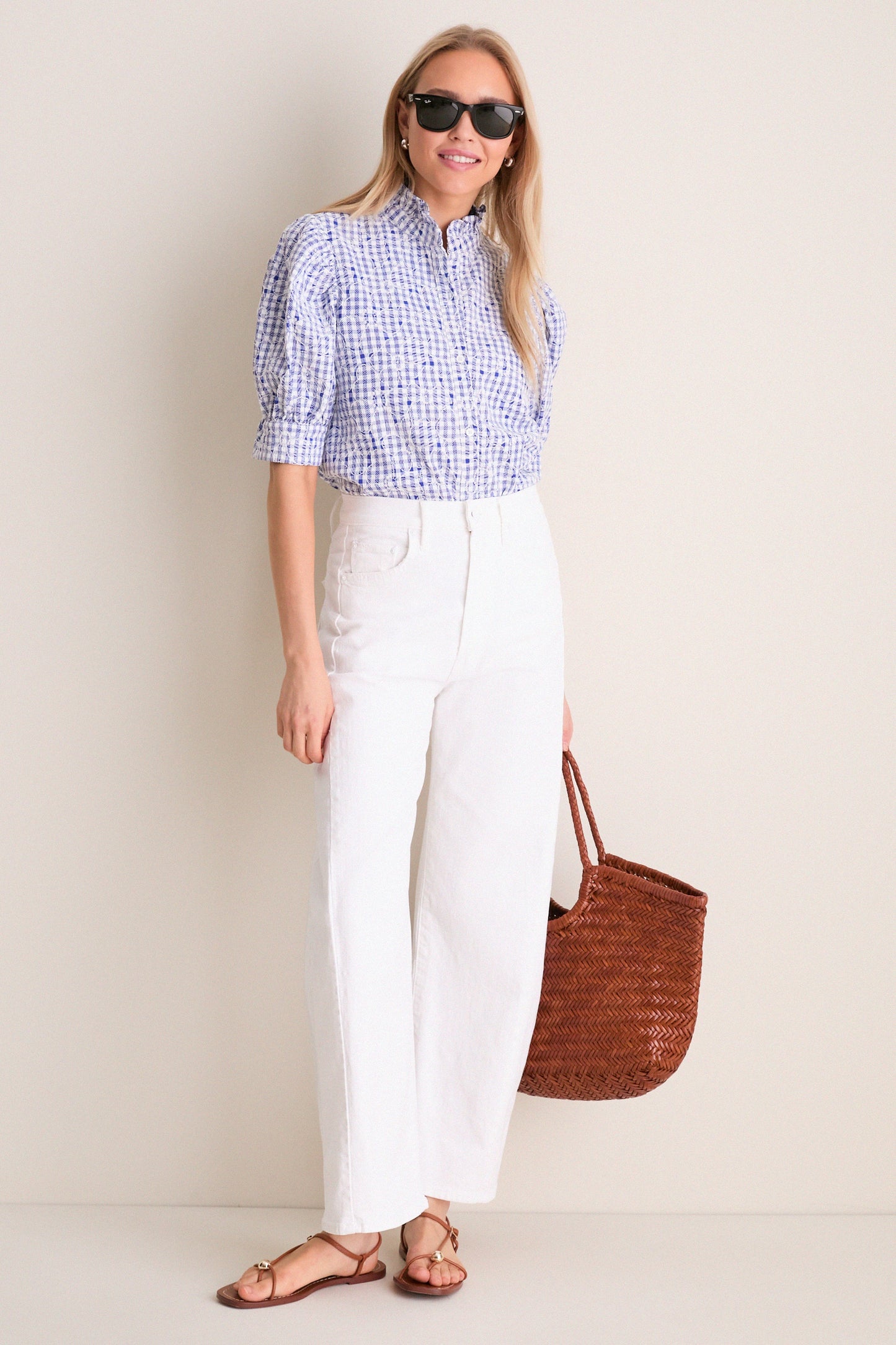 Blue Embroidered Gingham Louisa Blouse