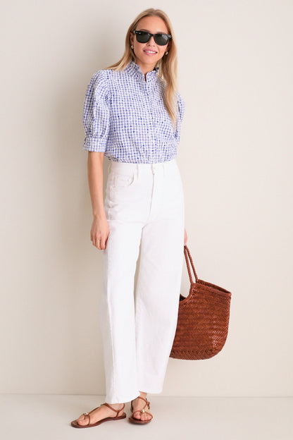 Blue Embroidered Gingham Louisa Blouse
