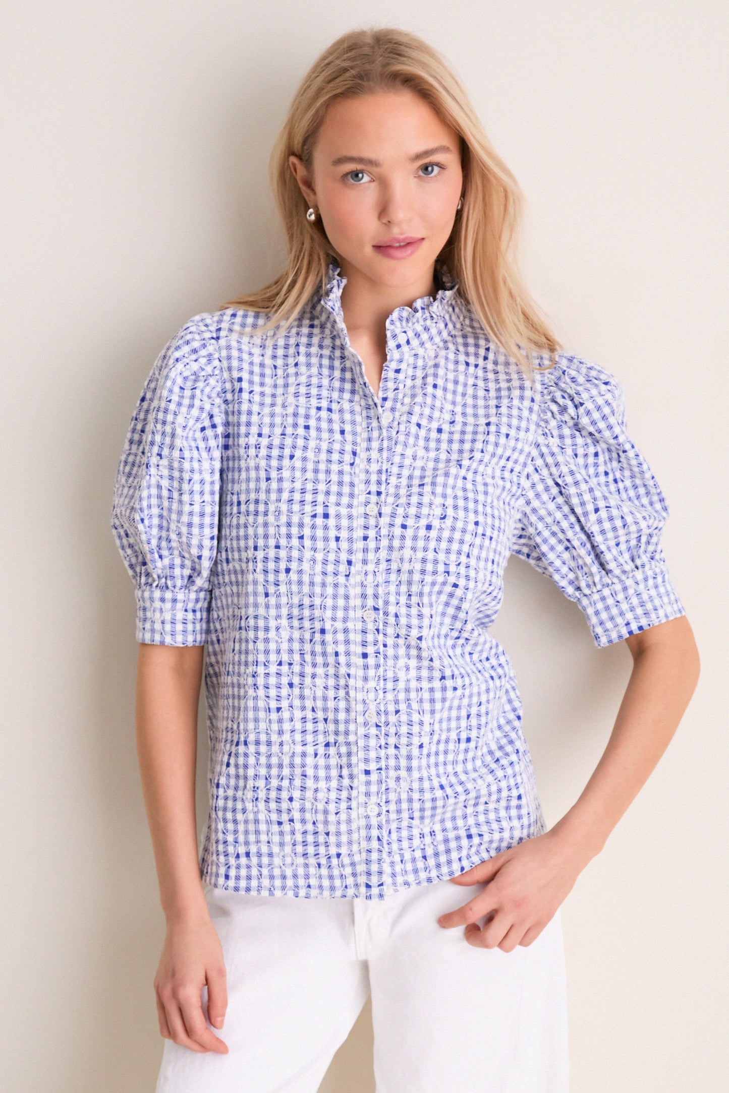 Blue Embroidered Gingham Louisa Blouse